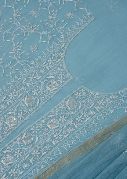 Firgun Cerulean Blue Lucknowi Chikankari Mul Chanderi Unstitched Kurta & Dupatta Set