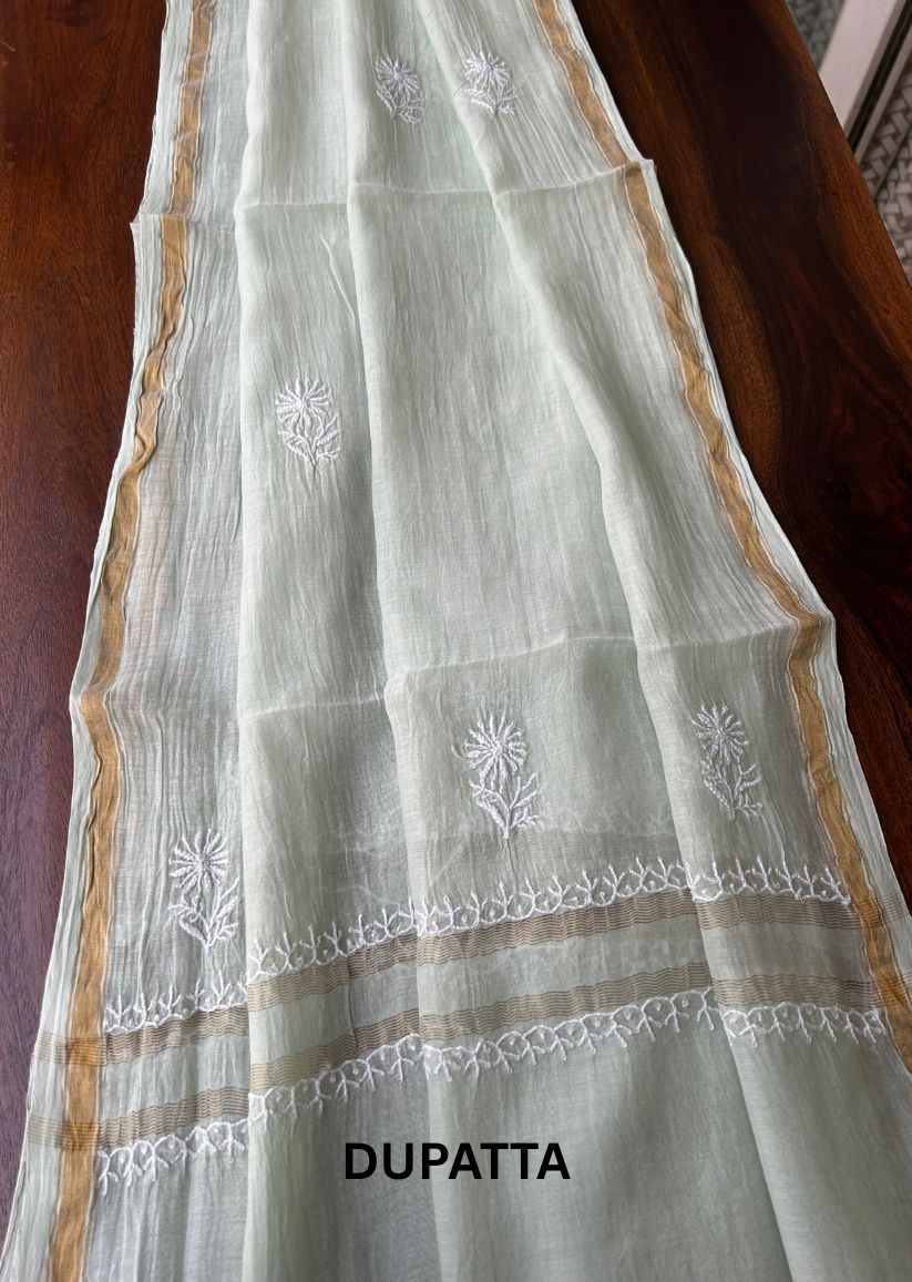 Firgun Pale Mint Green Lucknowi Chikankari Mul Chanderi Unstitched Kurta & Dupatta Set