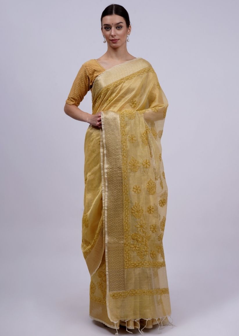 Firgun Mustard Lucknowi Chikankari Organza Tissue Saree with Unstitched Blouse Piece