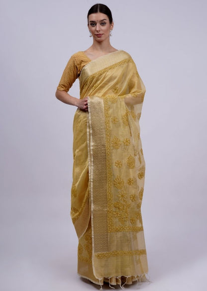 Firgun Mustard Lucknowi Chikankari Organza Tissue Saree with Unstitched Blouse Piece