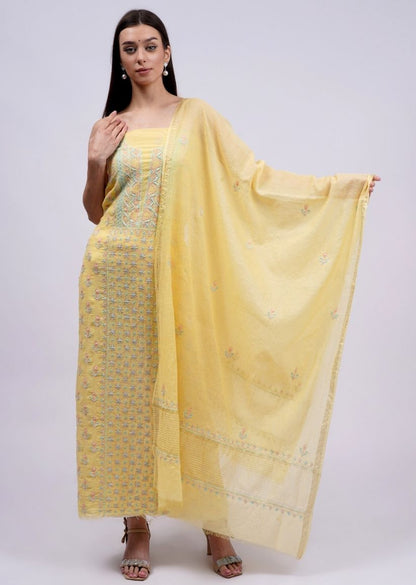 Firgun Lemon Lucknowi Chikankari Mul Chanderi Unstitched Kurta & Dupatta Set