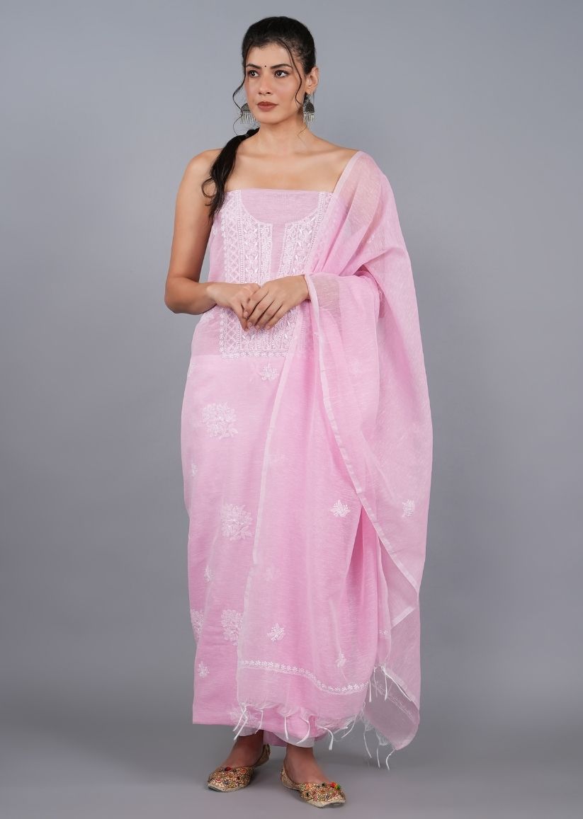Firgun Pink Lucknowi Chikankari Linen Unstitched Kurta & Dupatta Set