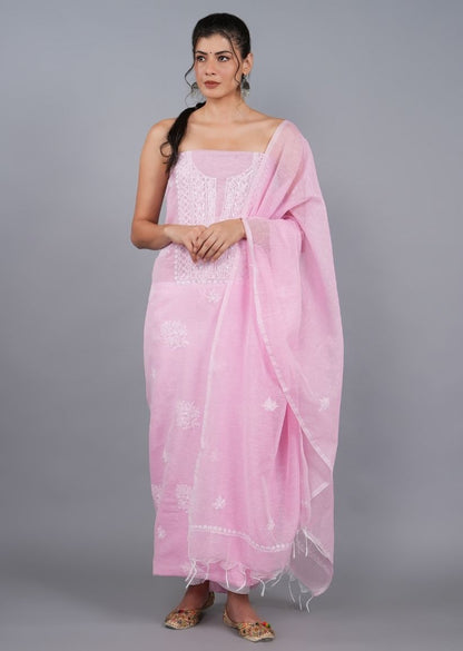 Firgun Pink Lucknowi Chikankari Linen Unstitched Kurta & Dupatta Set