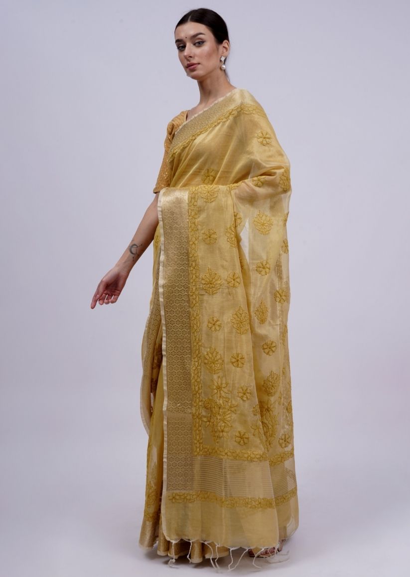 Firgun Mustard Lucknowi Chikankari Organza Tissue Saree with Unstitched Blouse Piece