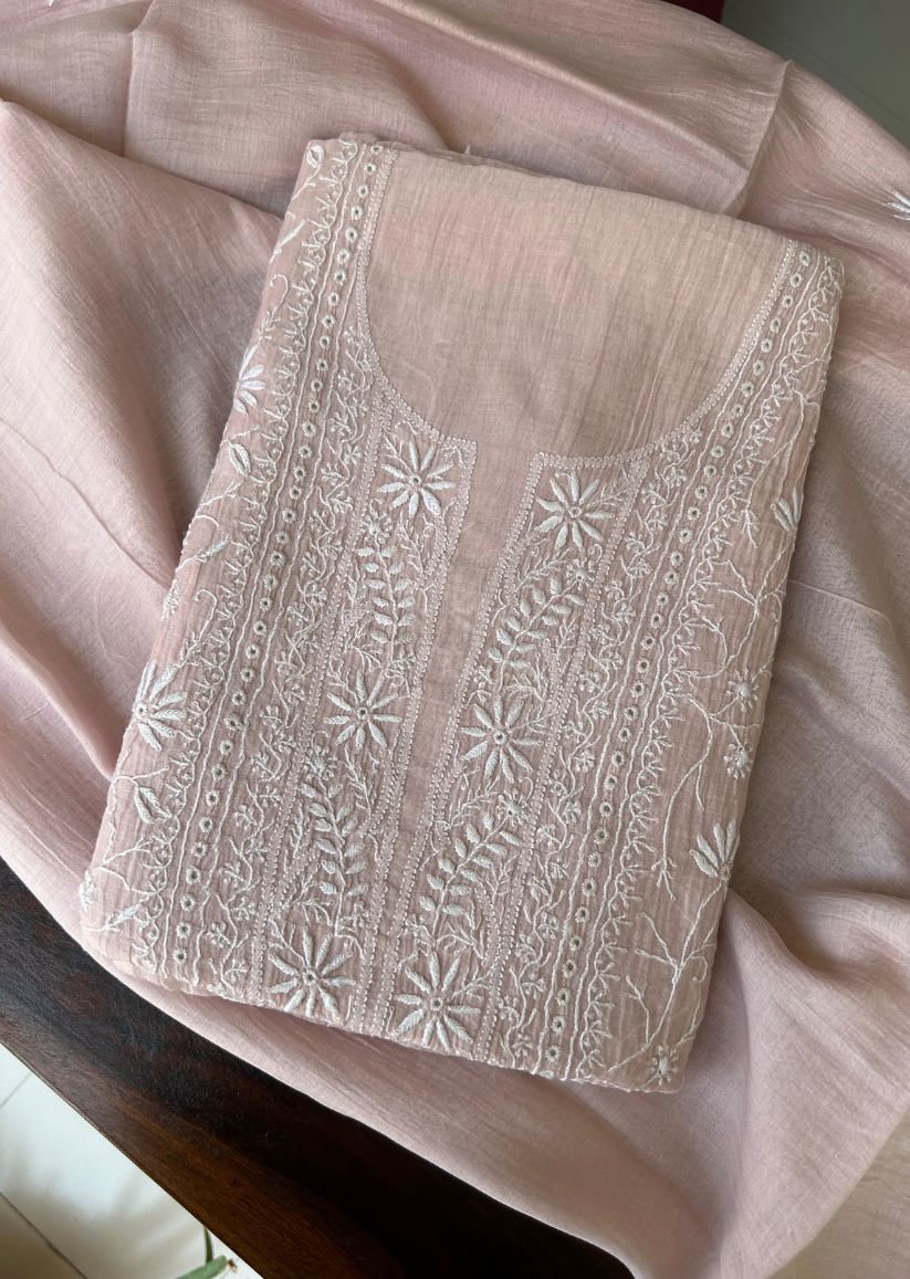 Firgun Pale Pink Lucknowi Chikankari Mul Chanderi Unstitched Kurta & Dupatta Set