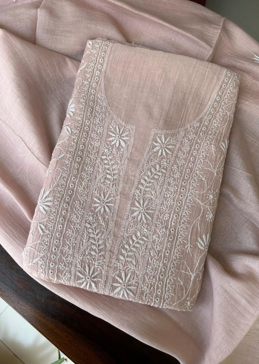 Firgun Pale Pink Lucknowi Chikankari Mul Chanderi Unstitched Kurta & Dupatta Set