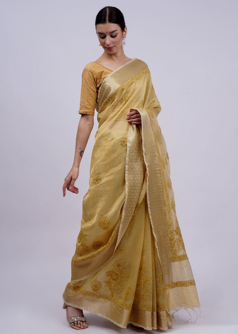 Firgun Mustard Lucknowi Chikankari Organza Tissue Saree with Unstitched Blouse Piece