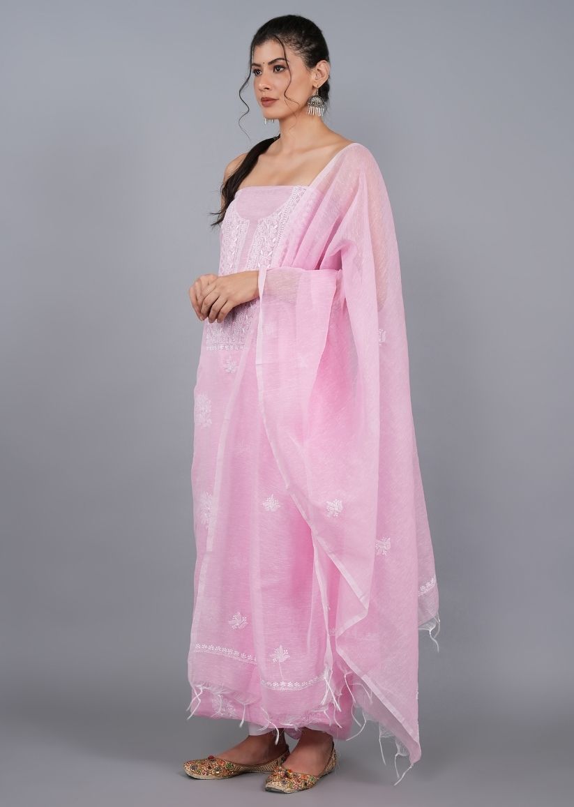 Firgun Pink Lucknowi Chikankari Linen Unstitched Kurta & Dupatta Set
