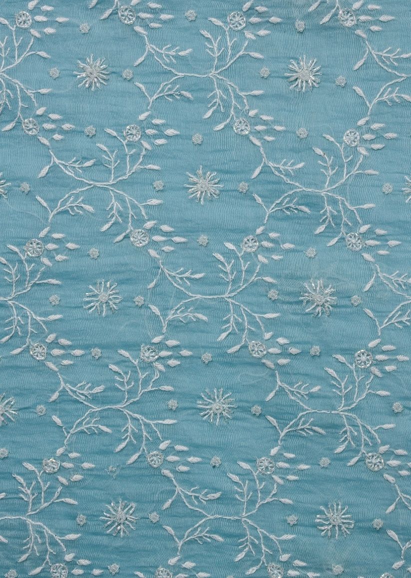 Firgun Cerulean Blue Lucknowi Chikankari Mul Chanderi Unstitched Kurta & Dupatta Set