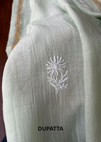 Firgun Pale Mint Green Lucknowi Chikankari Mul Chanderi Unstitched Kurta & Dupatta Set