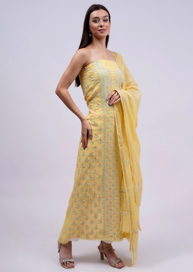 Firgun Lemon Lucknowi Chikankari Mul Chanderi Unstitched Kurta & Dupatta Set