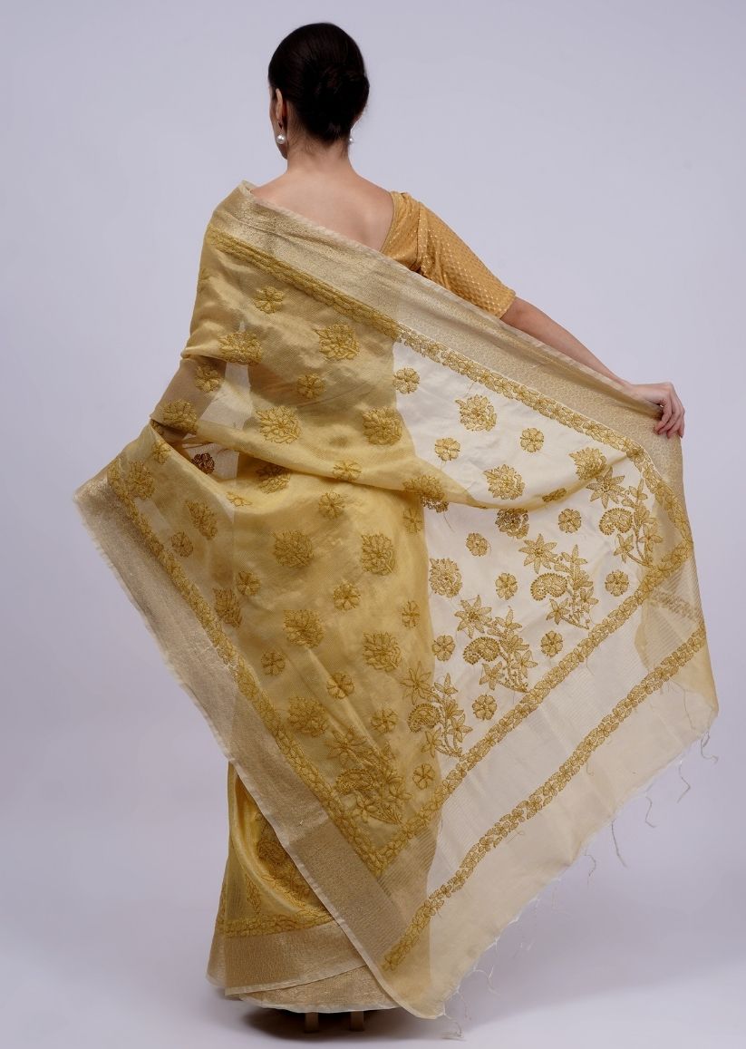 Firgun Mustard Lucknowi Chikankari Organza Tissue Saree with Unstitched Blouse Piece