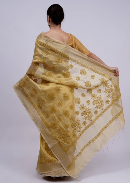 Firgun Mustard Lucknowi Chikankari Organza Tissue Saree with Unstitched Blouse Piece