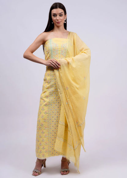 Firgun Lemon Lucknowi Chikankari Mul Chanderi Unstitched Kurta & Dupatta Set