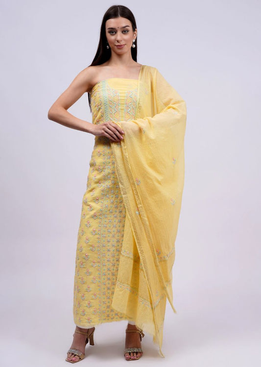 Firgun Lemon Lucknowi Chikankari Mul Chanderi Unstitched Kurta & Dupatta Set