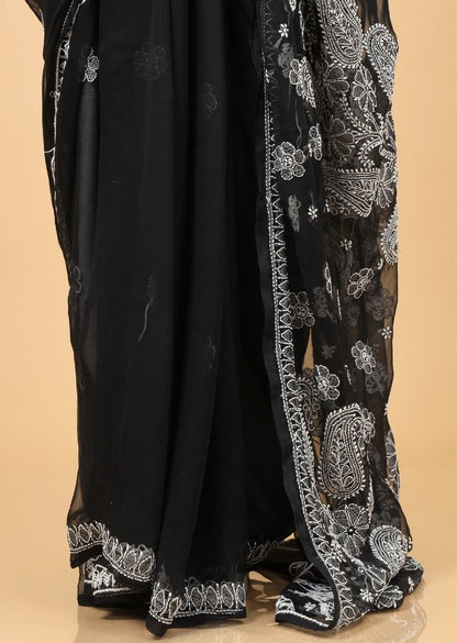 Firgun Black Lucknowi Chikankari Georgette Saree with Unstitched Blouse Piece