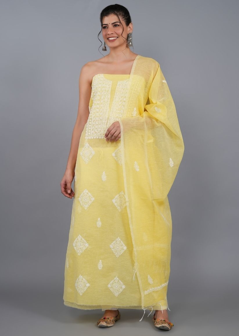 Firgun Yellow Lucknowi Chikankari Linen Unstitched Kurta & Dupatta Set