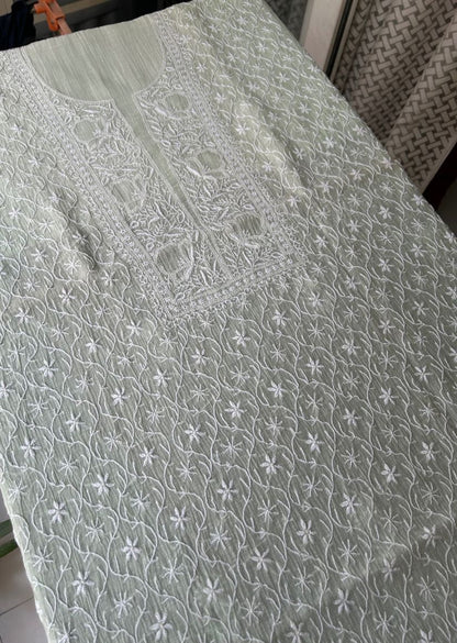 Firgun Pale Mint Green Lucknowi Chikankari Mul Chanderi Unstitched Kurta & Dupatta Set