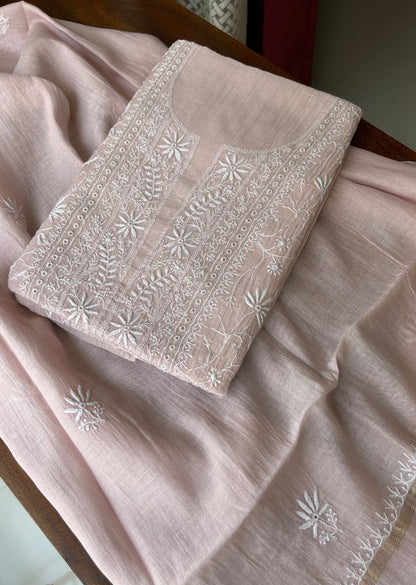 Firgun Pale Pink Lucknowi Chikankari Mul Chanderi Unstitched Kurta & Dupatta Set