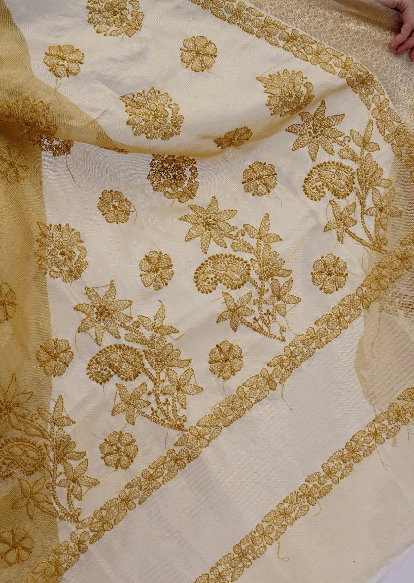 Firgun Mustard Lucknowi Chikankari Organza Tissue Saree with Unstitched Blouse Piece