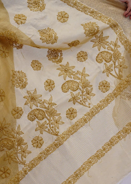 Firgun Mustard Lucknowi Chikankari Organza Tissue Saree with Unstitched Blouse Piece
