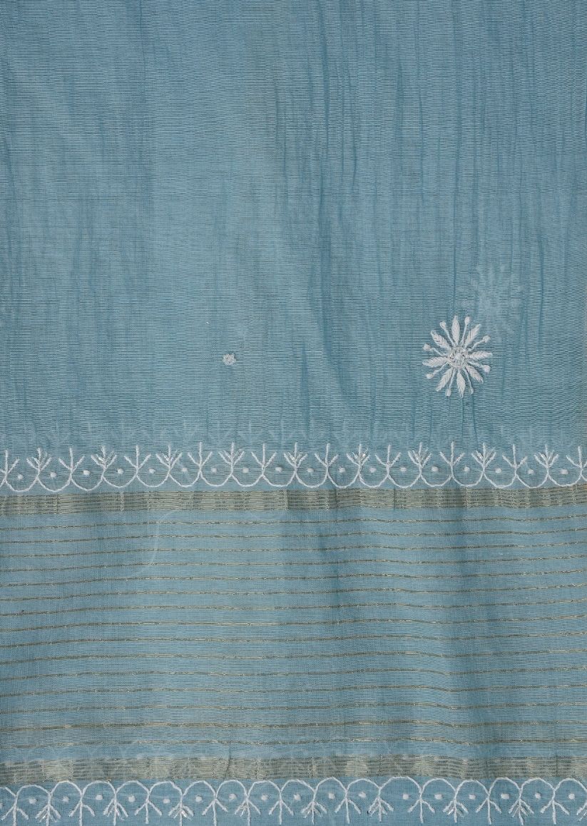 Firgun Cerulean Blue Lucknowi Chikankari Mul Chanderi Unstitched Kurta & Dupatta Set