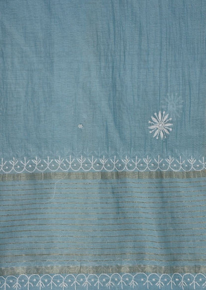 Firgun Cerulean Blue Lucknowi Chikankari Mul Chanderi Unstitched Kurta & Dupatta Set