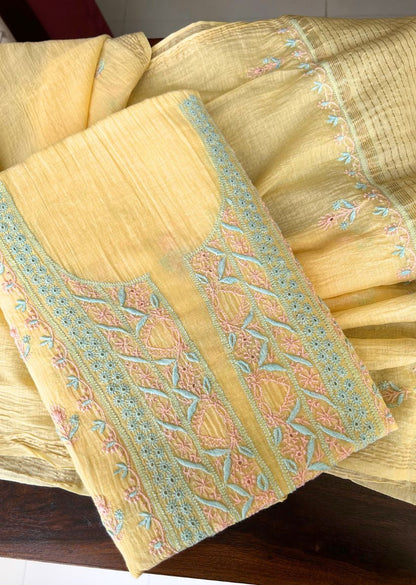 Firgun Lemon Lucknowi Chikankari Mul Chanderi Unstitched Kurta & Dupatta Set