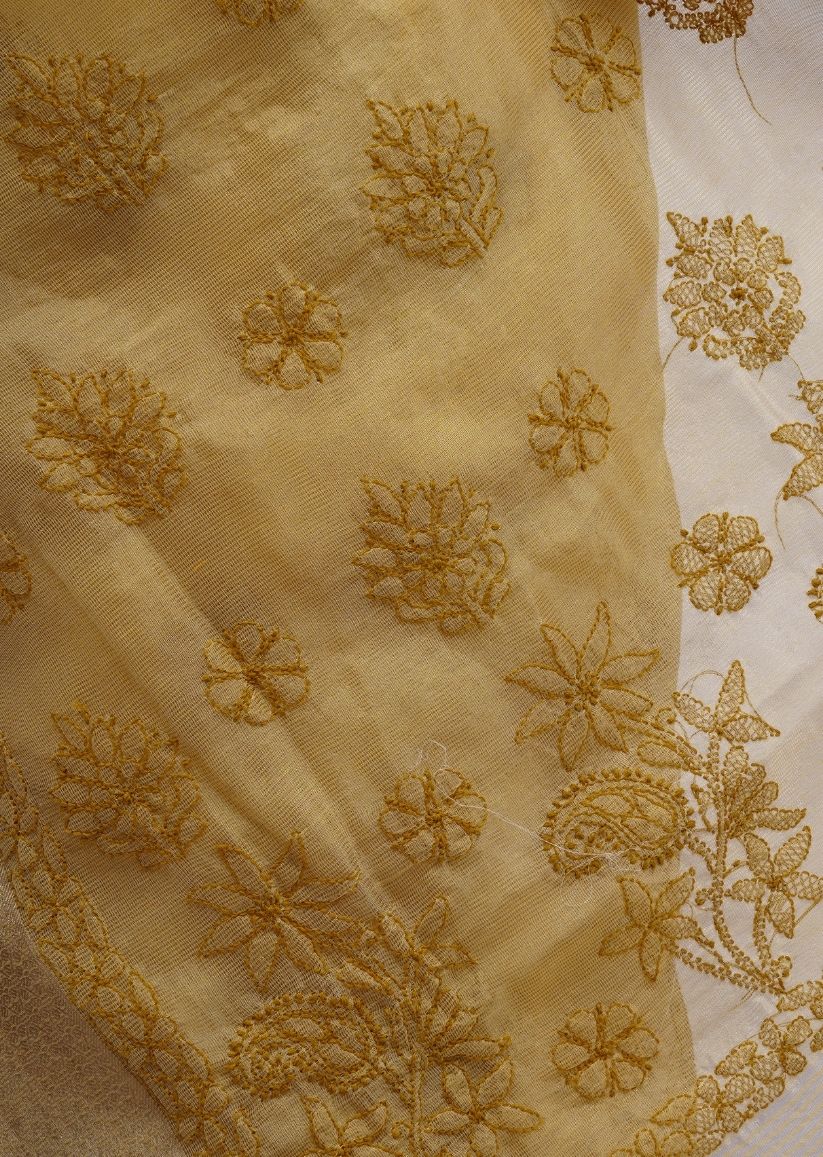Firgun Mustard Lucknowi Chikankari Organza Tissue Saree with Unstitched Blouse Piece