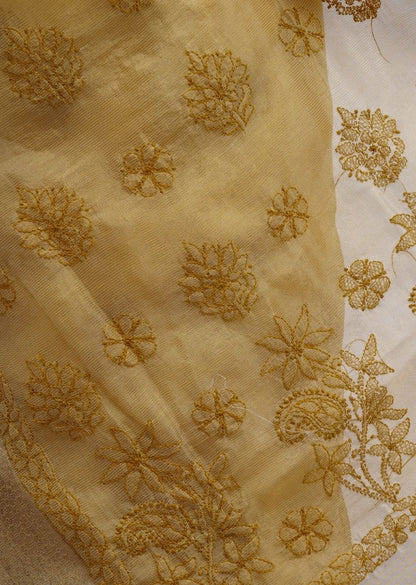 Firgun Mustard Lucknowi Chikankari Organza Tissue Saree with Unstitched Blouse Piece