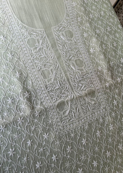 Firgun Pale Mint Green Lucknowi Chikankari Mul Chanderi Unstitched Kurta & Dupatta Set
