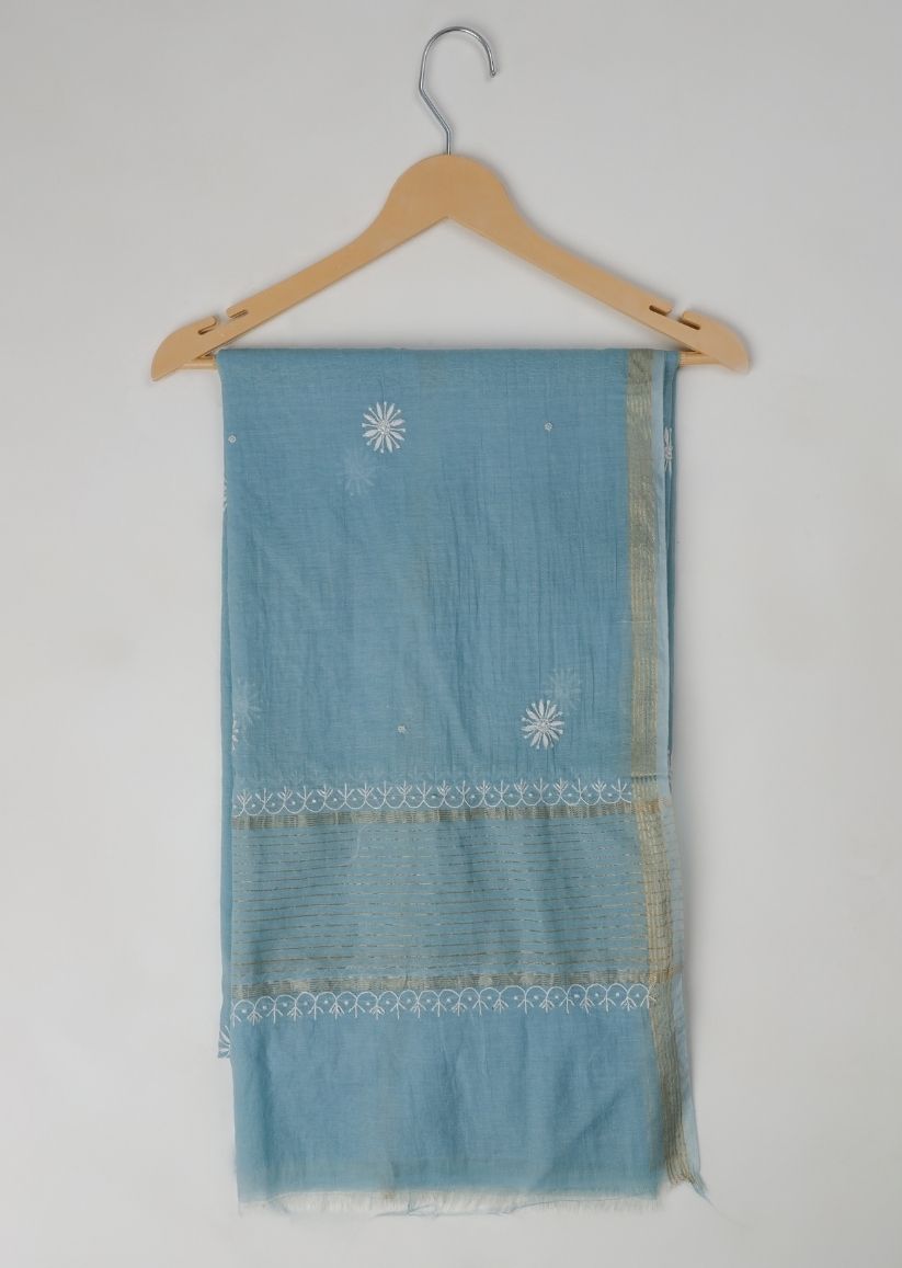 Firgun Cerulean Blue Lucknowi Chikankari Mul Chanderi Unstitched Kurta & Dupatta Set