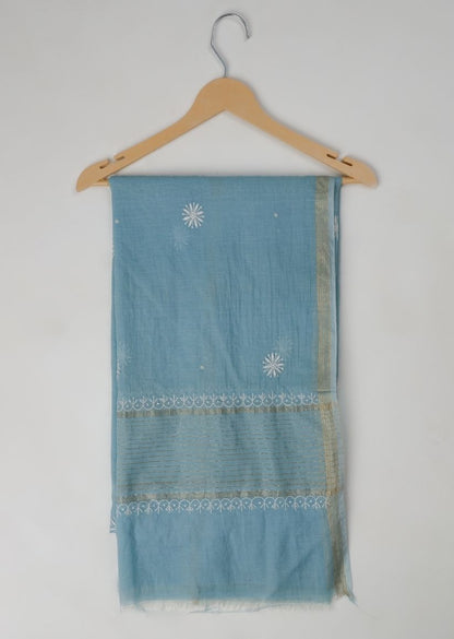 Firgun Cerulean Blue Lucknowi Chikankari Mul Chanderi Unstitched Kurta & Dupatta Set