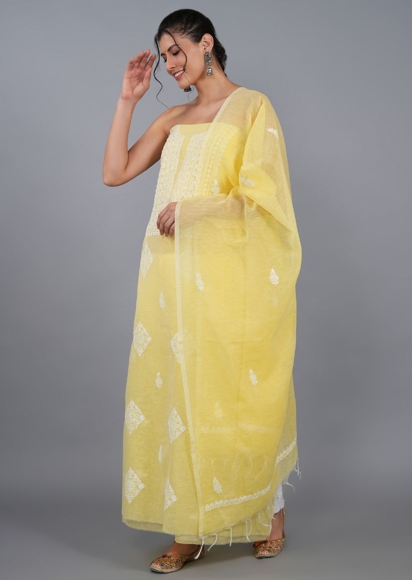 Firgun Yellow Lucknowi Chikankari Linen Unstitched Kurta & Dupatta Set