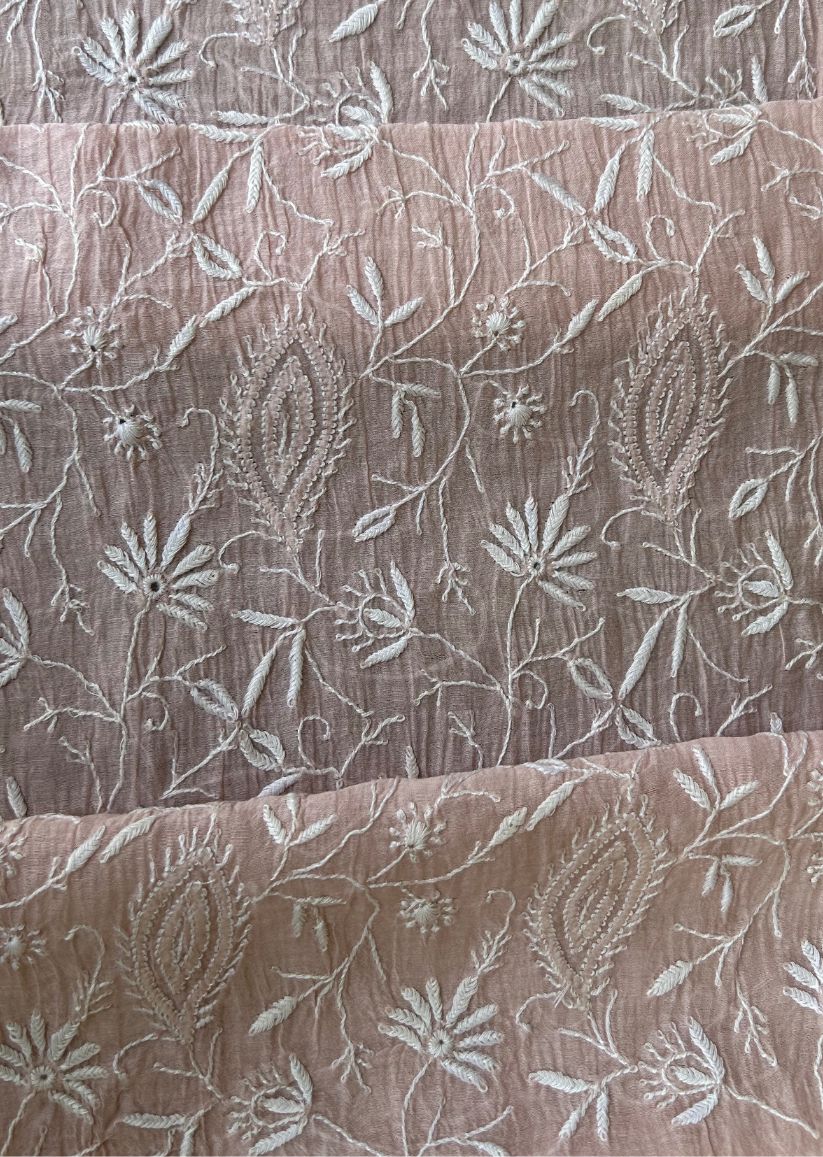 Firgun Pale Pink Lucknowi Chikankari Mul Chanderi Unstitched Kurta & Dupatta Set