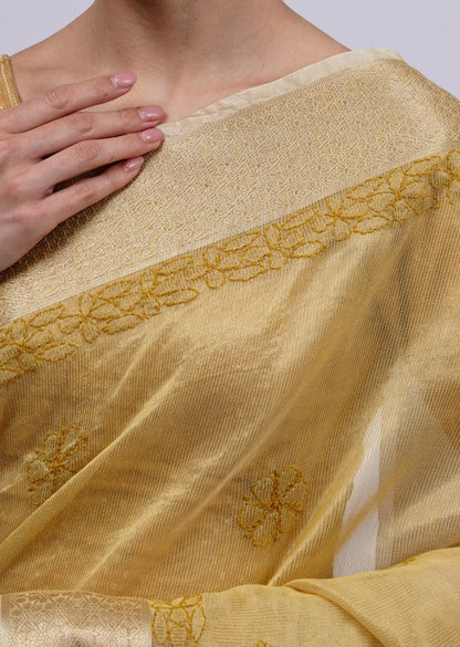 Firgun Mustard Lucknowi Chikankari Organza Tissue Saree with Unstitched Blouse Piece