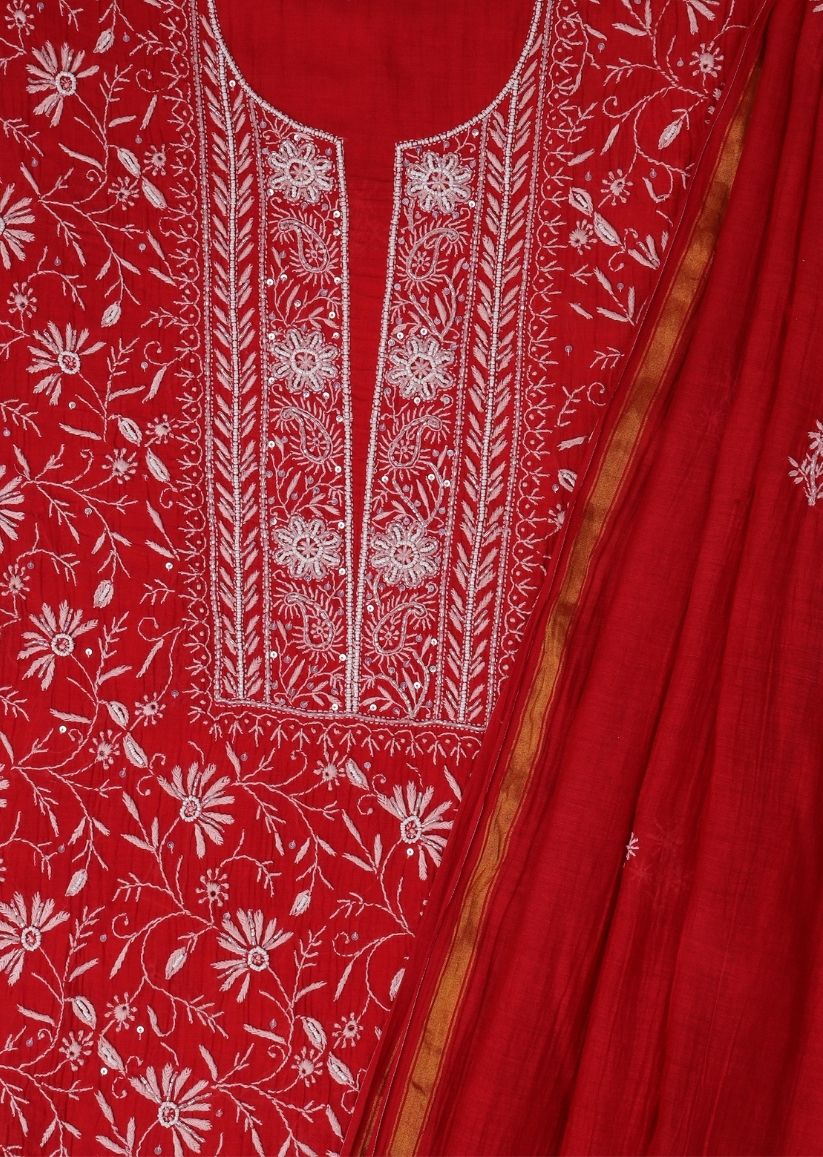 Firgun Red Lucknowi Chikankari Mul Chanderi Unstitched Kurta & Dupatta Set