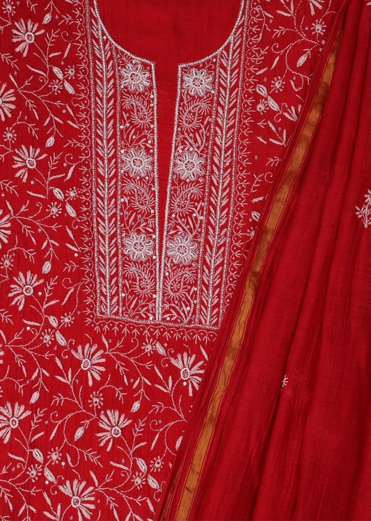 Firgun Red Lucknowi Chikankari Mul Chanderi Unstitched Kurta & Dupatta Set