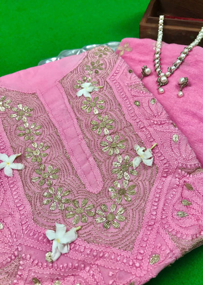 Firgun Pink Lucknowi Chikankari & Gota Patti Viscose Georgette Unstitched Kurta & Dupatta Set