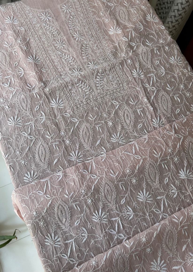 Firgun Pale Pink Lucknowi Chikankari Mul Chanderi Unstitched Kurta & Dupatta Set