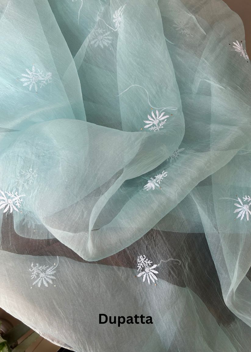 Firgun Aqua Blue Lucknowi Chikankari Pure Organza Unstitched Kurta & Dupatta Set