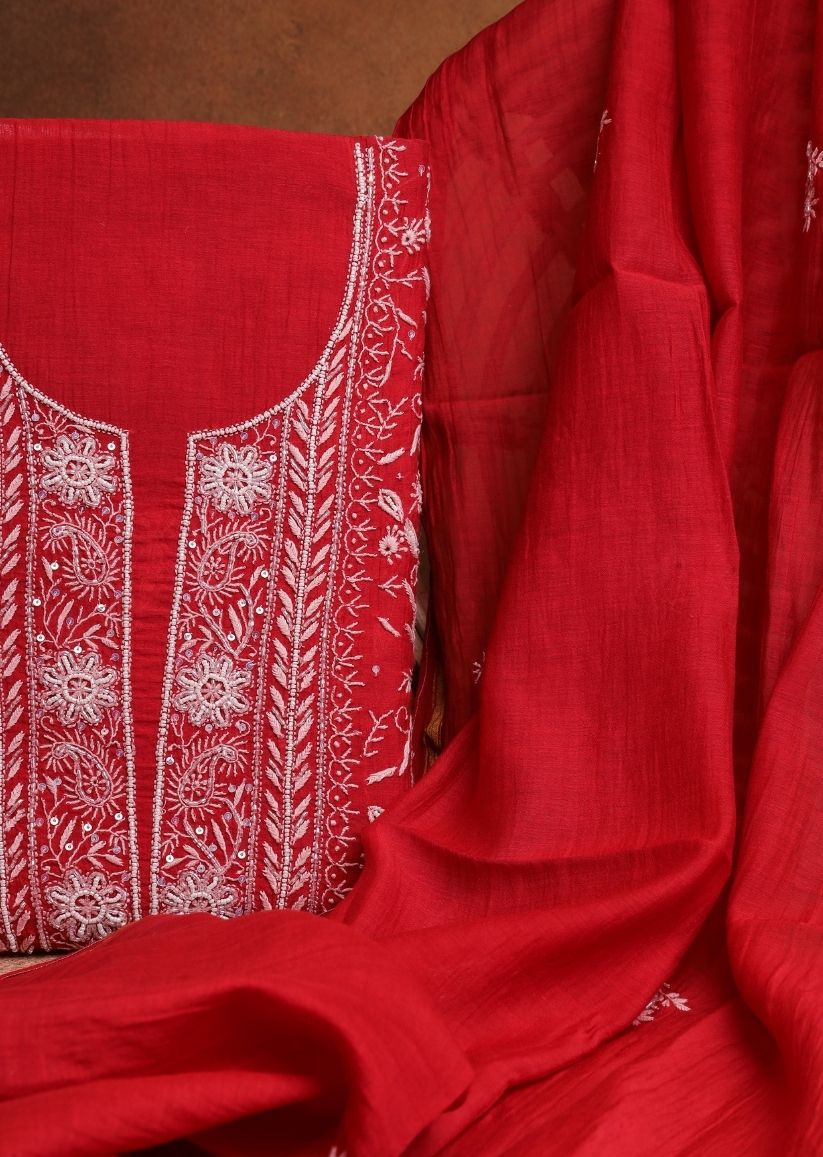 Firgun Red Lucknowi Chikankari Mul Chanderi Unstitched Kurta & Dupatta Set