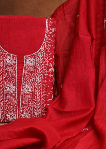 Firgun Red Lucknowi Chikankari Mul Chanderi Unstitched Kurta & Dupatta Set