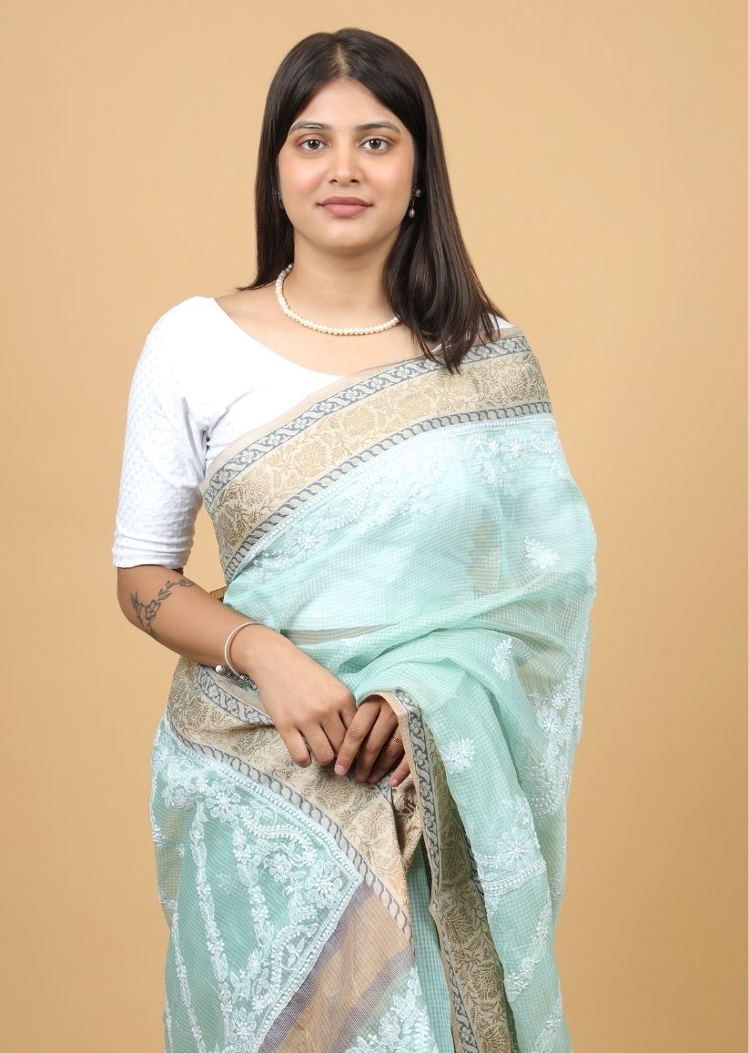 Firgun Green Lucknowi Chikankari Cotton Saree with Unstitched Blouse Piece