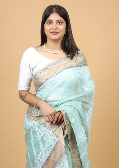 Firgun Green Lucknowi Chikankari Cotton Saree with Unstitched Blouse Piece