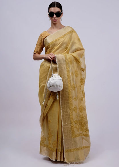Firgun Mustard Lucknowi Chikankari Organza Tissue Saree with Unstitched Blouse Piece