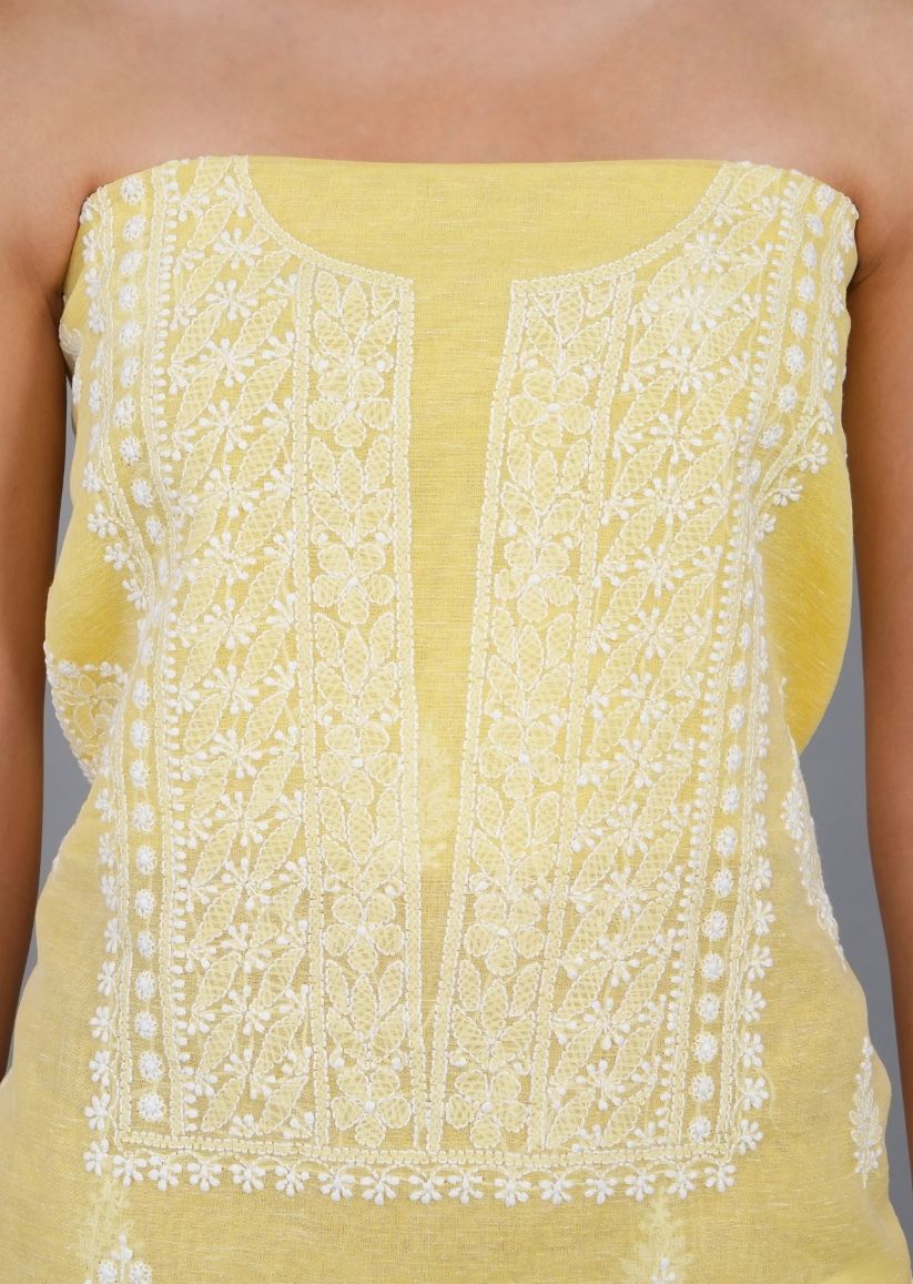 Firgun Yellow Lucknowi Chikankari Linen Unstitched Kurta & Dupatta Set