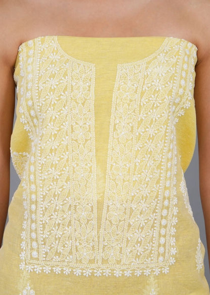 Firgun Yellow Lucknowi Chikankari Linen Unstitched Kurta & Dupatta Set