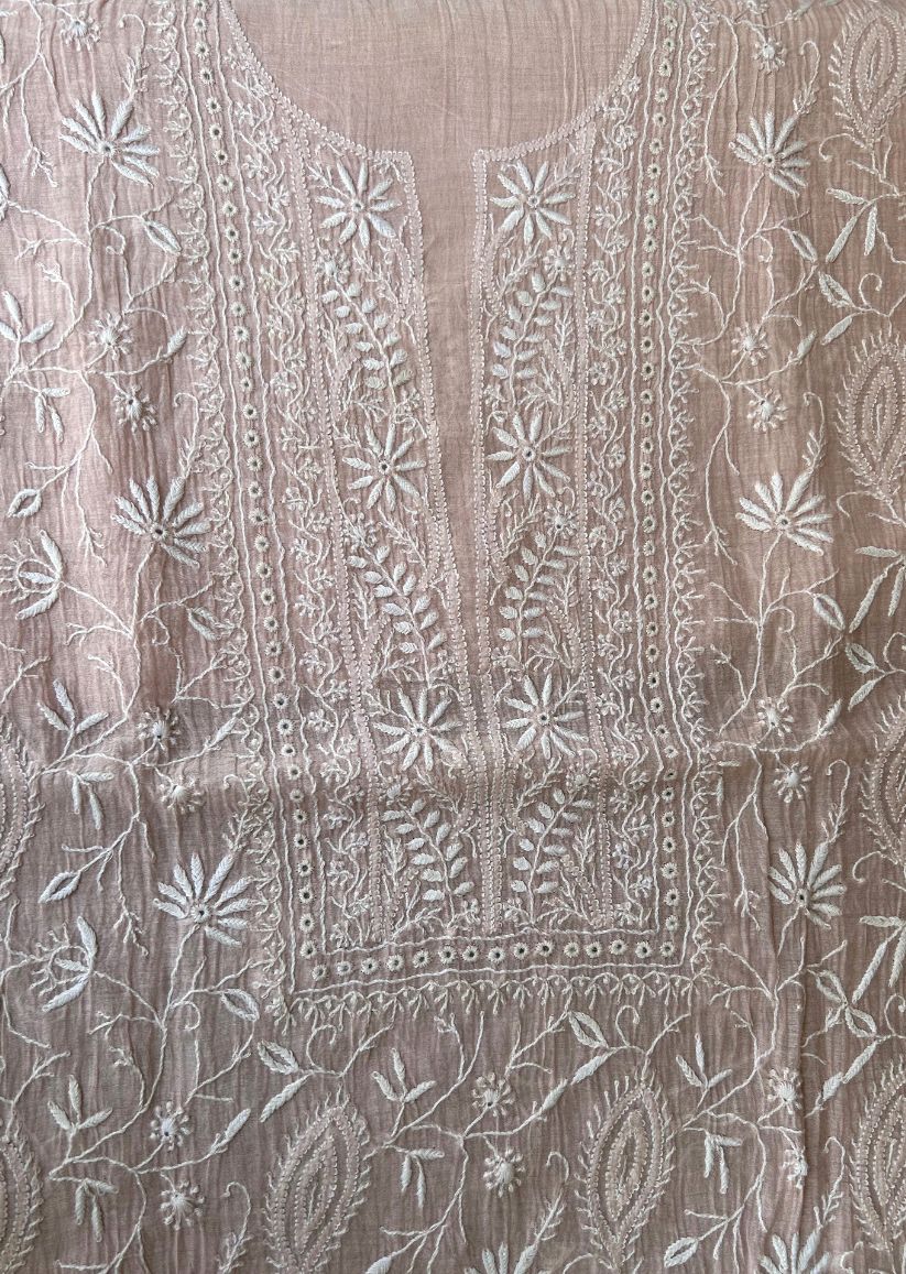 Firgun Pale Pink Lucknowi Chikankari Mul Chanderi Unstitched Kurta & Dupatta Set