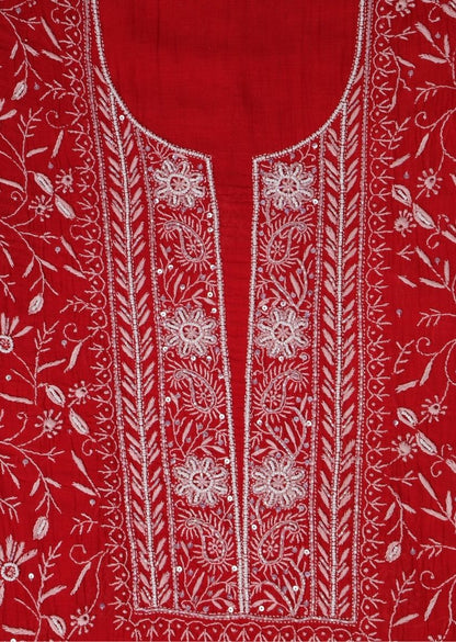 Firgun Red Lucknowi Chikankari Mul Chanderi Unstitched Kurta & Dupatta Set